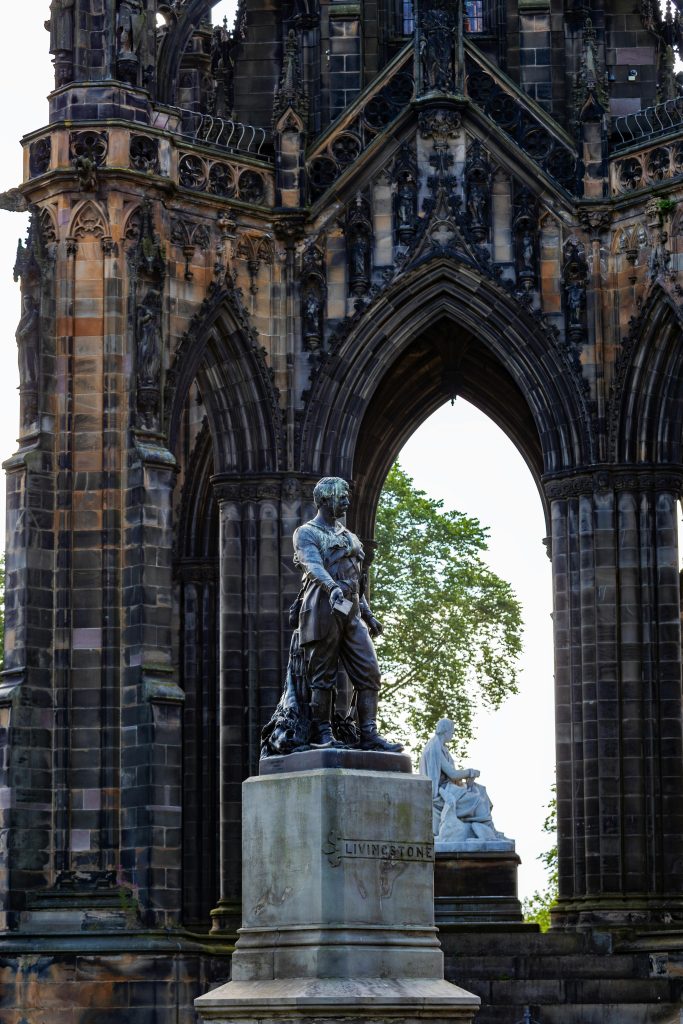 Statue of David Livingstone at a Gothic monument in Edinburgh, Scotland.